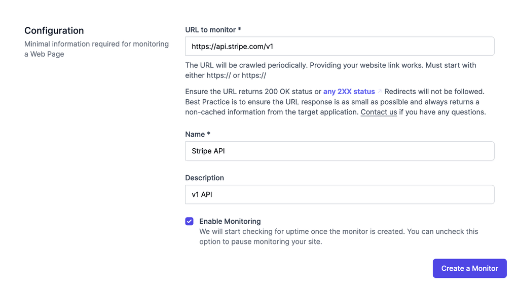 Configuration of a new Web Page Monitor