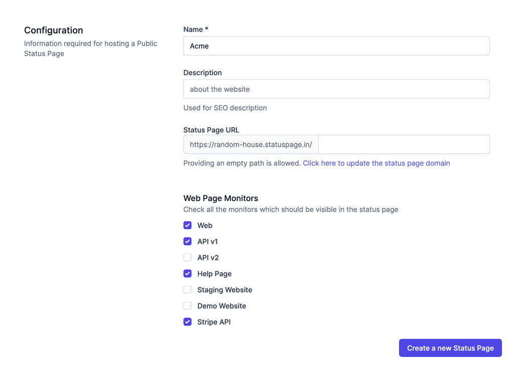 Configuration of a new Status Page